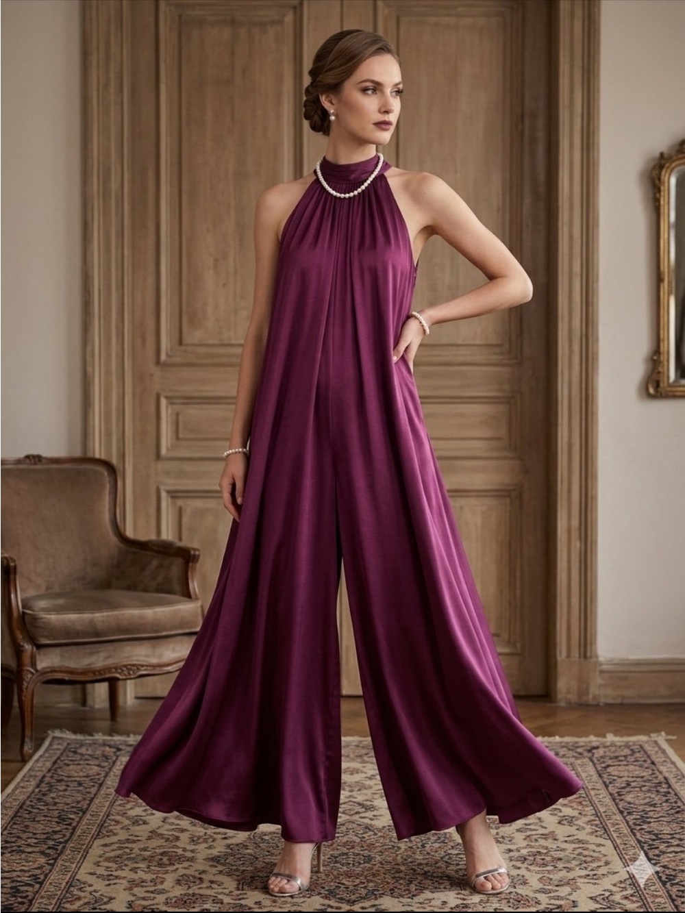 (T2)NWT EXPRESS, plum color jumpsuit, satin, high neck and wide leg,Sz M women’s